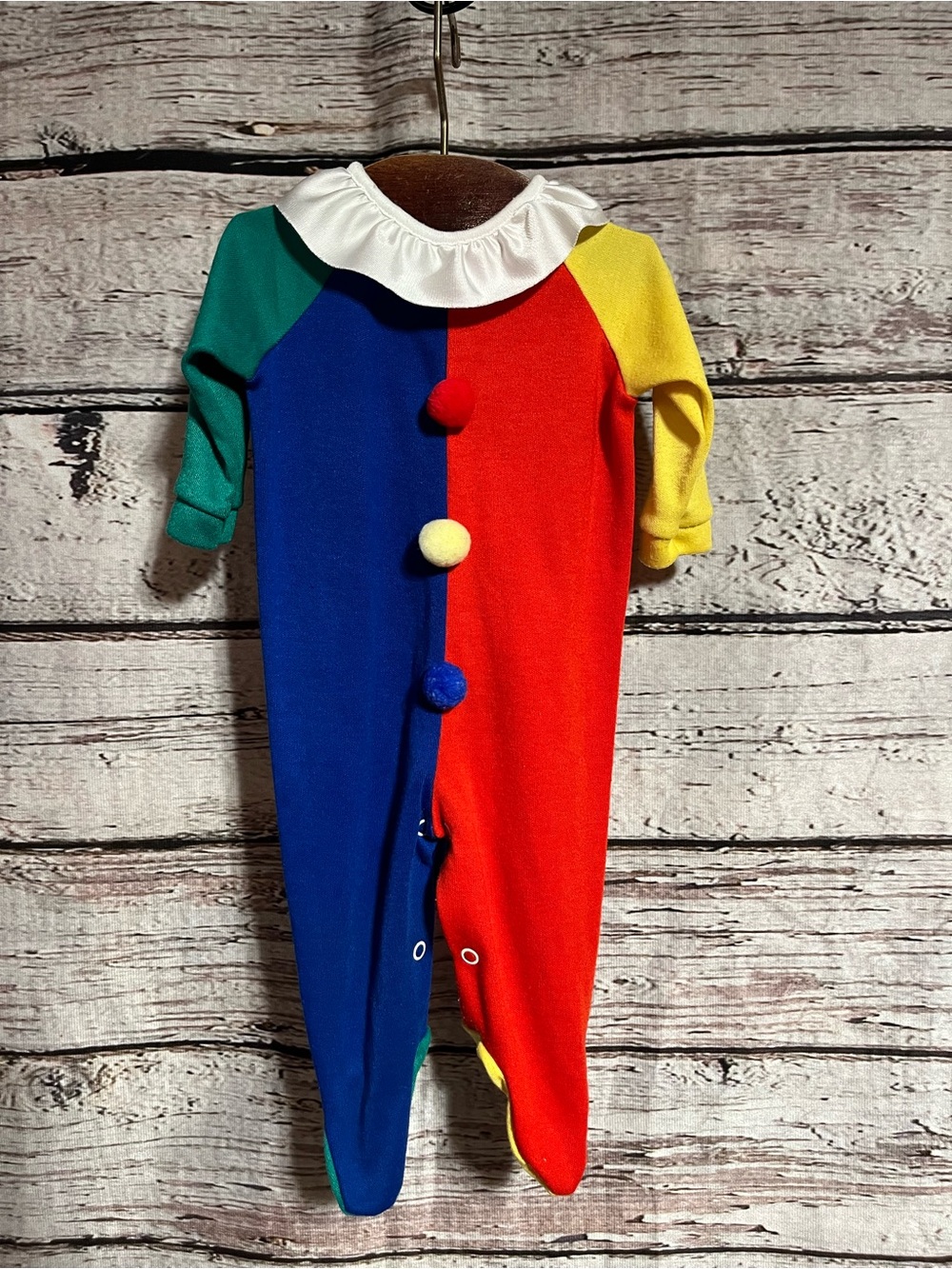 vintage kessler Multicolor Kids One-Piece Clown Romper with Pom-Pom Accents